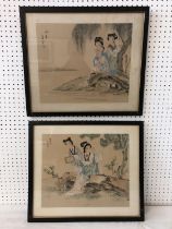 Two vintage watercolour paintings on silk, possibly Japanese in the Chinese style, depicting two