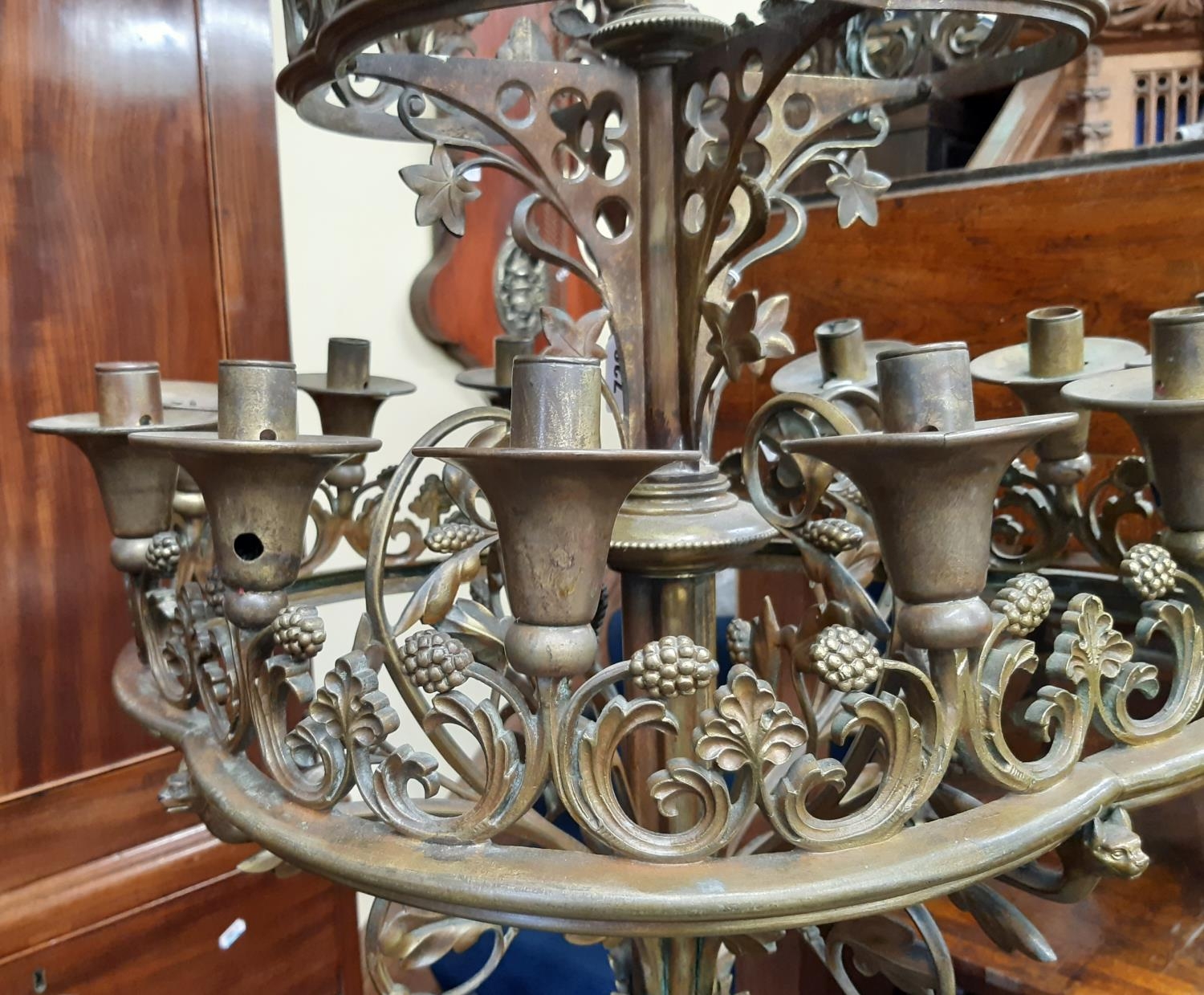A fine 19th century ecclesiastical gothic brass twenty-four light floor-standing candelabra, with - Image 2 of 5