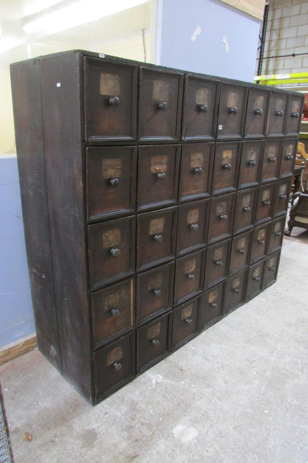 A very large 19th century oak run of 35 drawers, oak lined, each drawer 30 cm height x 27 cm wide - Image 3 of 5