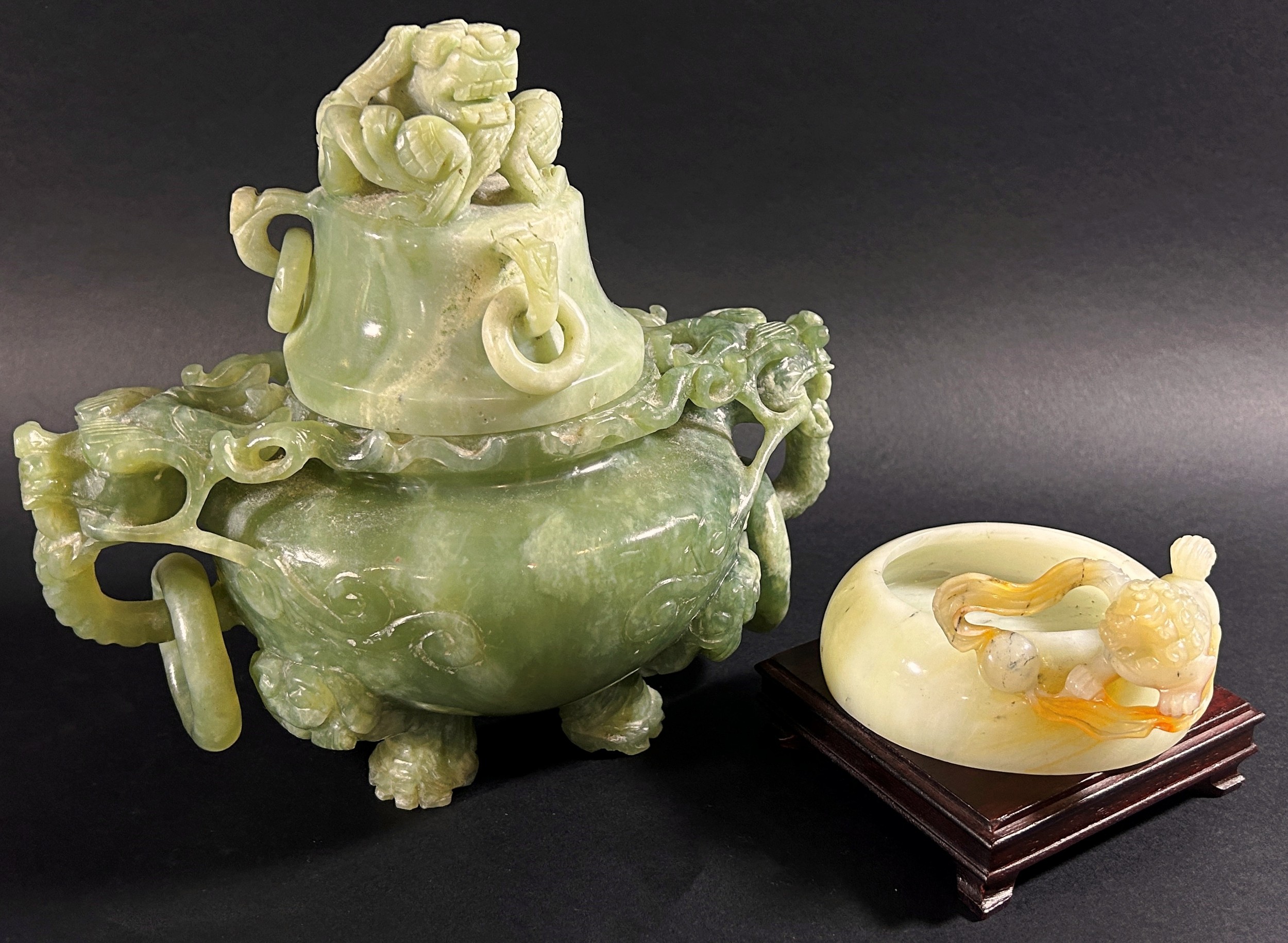 A Chinese celadon coloured jadeite lidded censor in the archaistic style, with triaged dragon mask - Image 2 of 5
