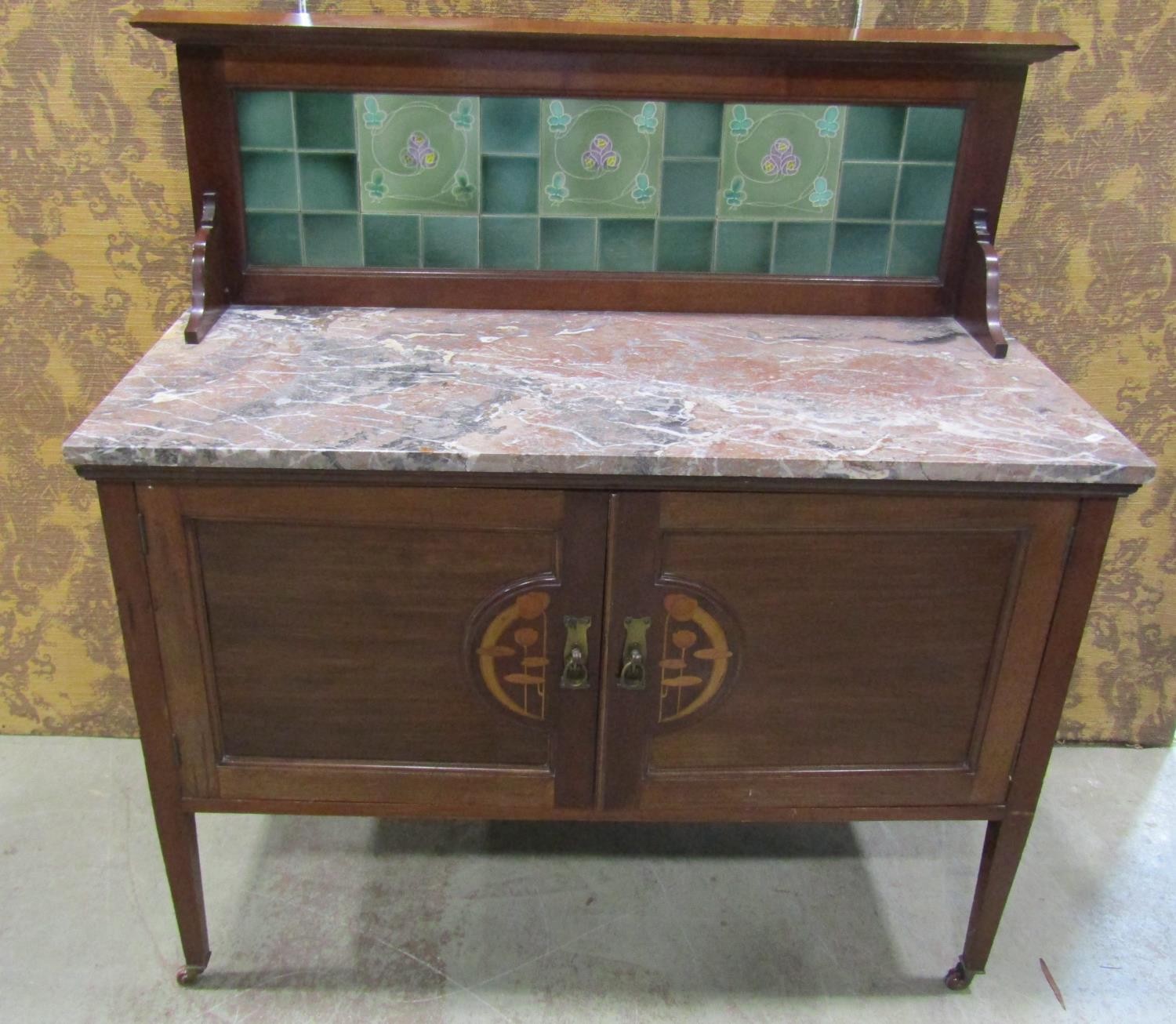 Three piece Art Nouveau bedroom suite comprising wardrobe, dressing chest and washstand, all with - Image 8 of 12