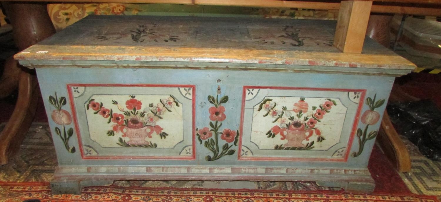 A continental painted pine marriage chest with original detail, 135cm wide
