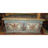 A continental painted pine marriage chest with original detail, 135cm wide