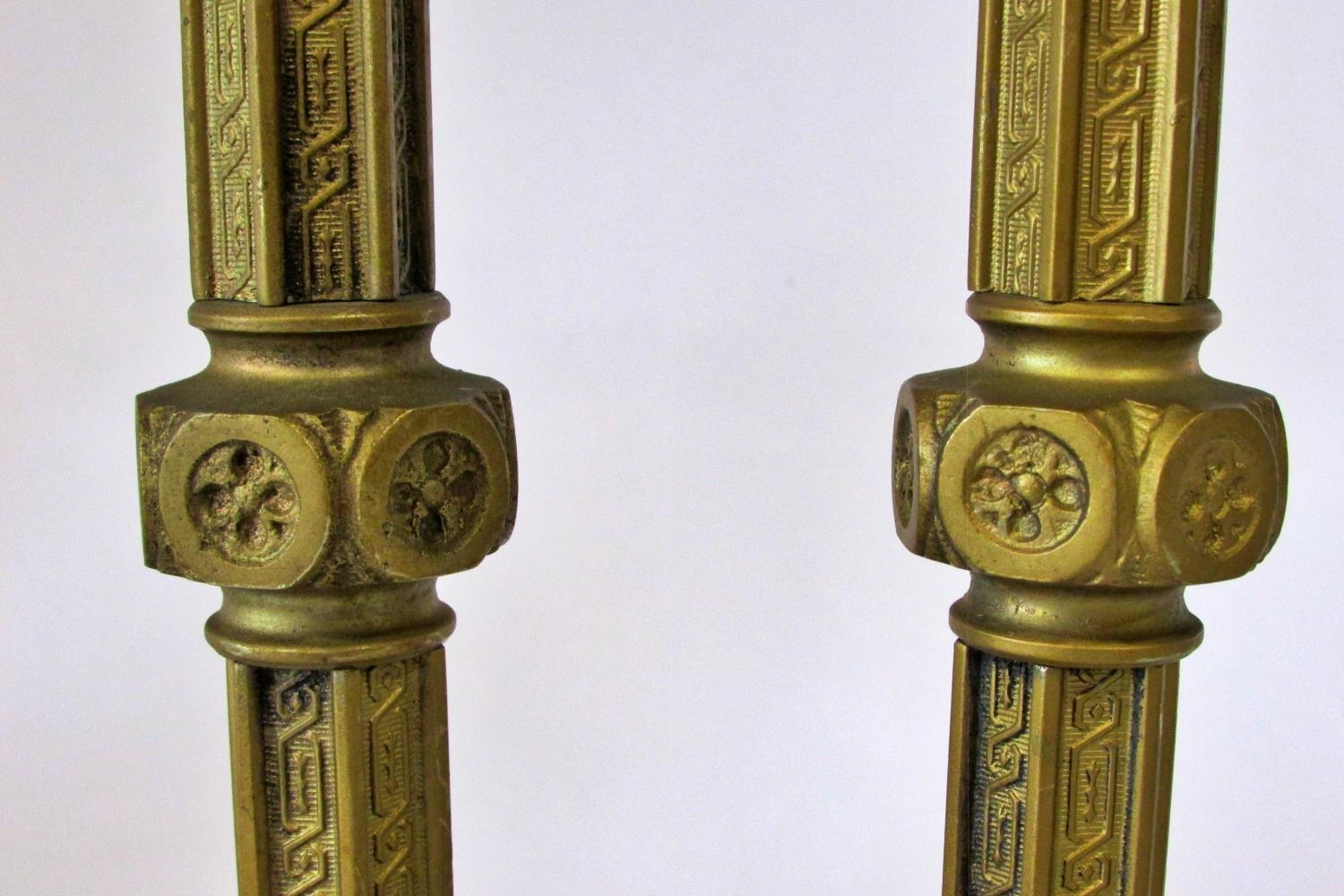 A small pair of late 19th / early 20th century continental cast metal Puginesque candlesticks, - Image 3 of 4