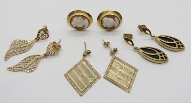 Pair of 18ct cameo earrings, 3.1g, together with three further pairs of 9ct drop earrings of various