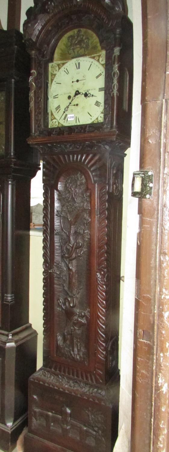 A 19th century oak longcase clock with heavy estate carving, the trunk detailing a knight fighting - Image 5 of 17