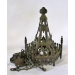 A 19th century ecclesiastical brass gothic ceiling light, of Puginesque design, with pierced