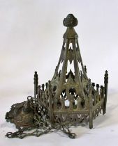 A 19th century ecclesiastical brass gothic ceiling light, of Puginesque design, with pierced