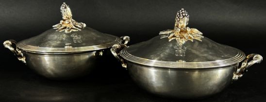A pair of good quality Christofle silver plated tureens with blossoming flowers to the lids and