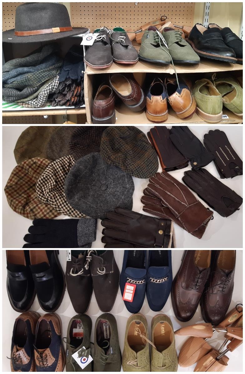 Men's hats, gloves and shoes comprising an Orvis felt trilby hat XL (as new with tags), 6 tweed flat