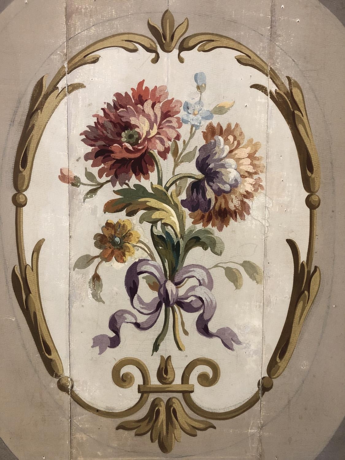 A French Aubusson painted panel, with a central floral spray and scrolling oval border, gouache on - Image 2 of 4