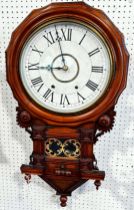 A 19 century walnut cased wall clock, the 12” dial with black Roman numerals, the case with