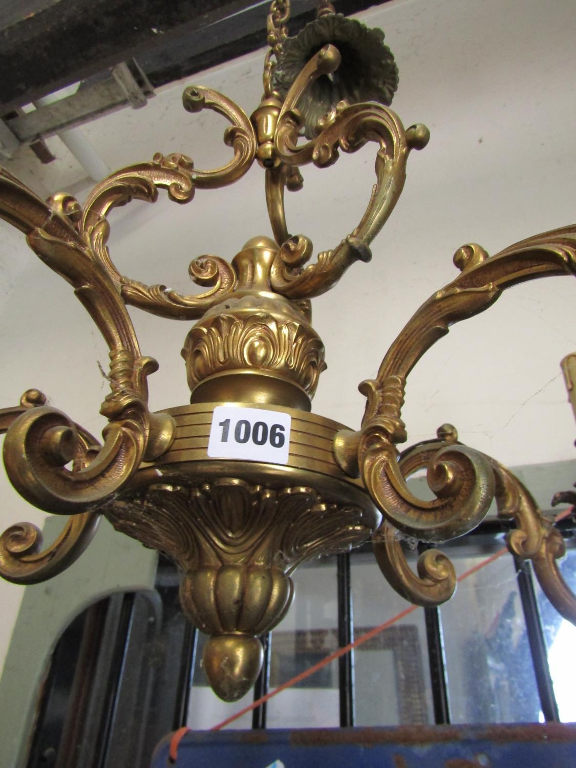 A good quality cast brass five branch candelabra with scrolling detail, 68cm diameter approx, 50cm - Image 2 of 3