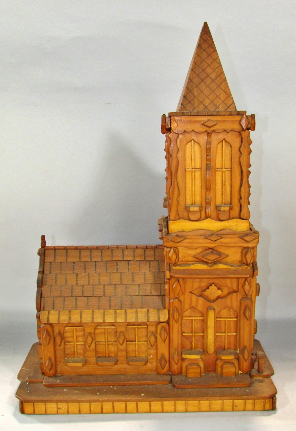 Three continual scratch-built folk art models of churches, the largest 46cm high, 32 x 20cm (3) From - Image 2 of 4