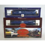 Three 00 gauge boxed diesel locomotives in Mainline Blue livery including Hornby Class 58 R358 '