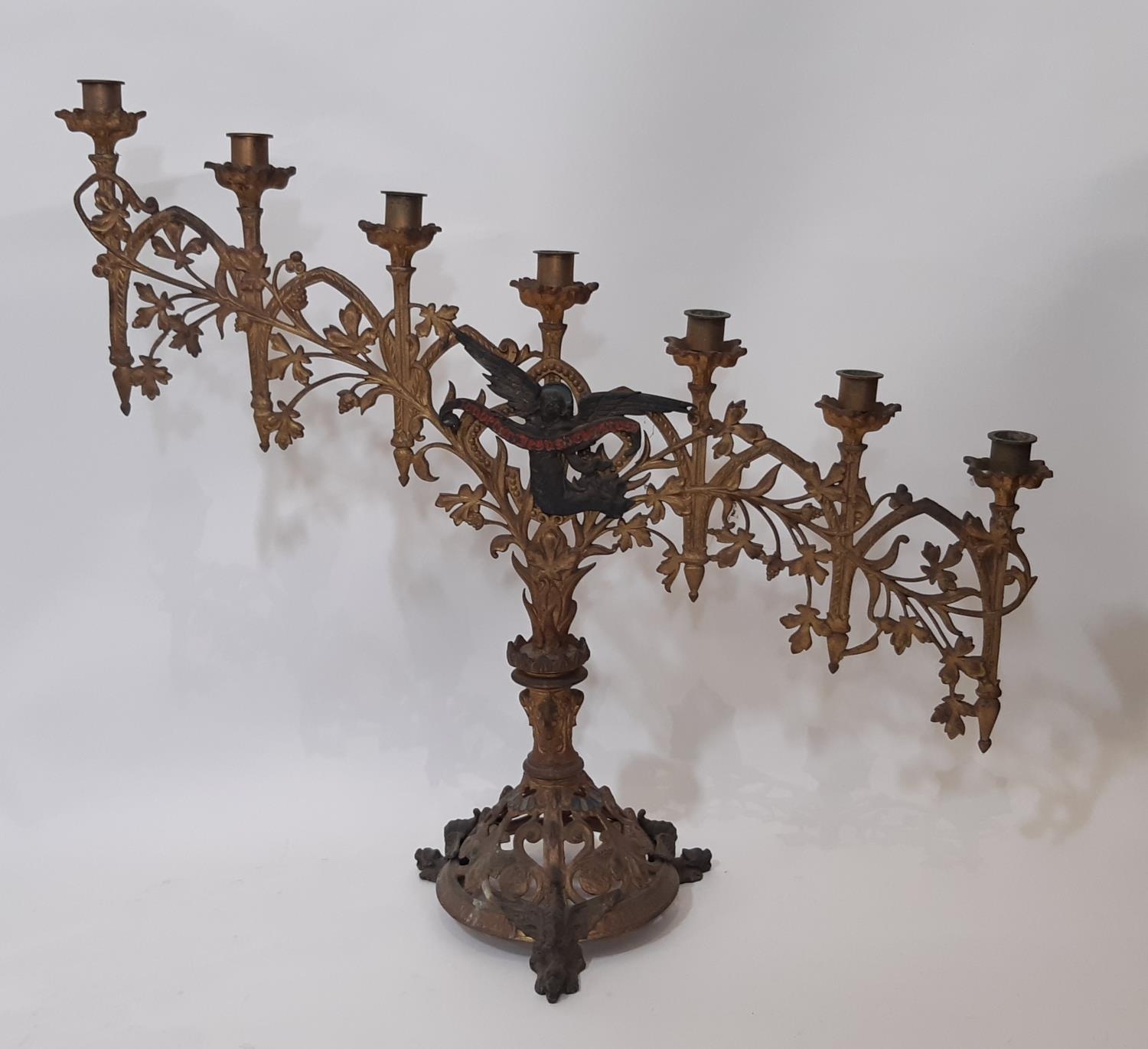 A pair of 19th century continental ecclesiastical gothic seven light candelabra, of graduating - Image 2 of 5