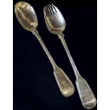 A pair of William IV silver serving spoon and fork, London 1835, maker Mary Chawner, 29.5cm long,