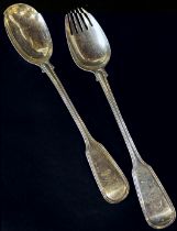 A pair of William IV silver serving spoon and fork, London 1835, maker Mary Chawner, 29.5cm long,