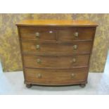 A Victorian mahogany bow fronted chest of three long and two short drawers, 102cm wide