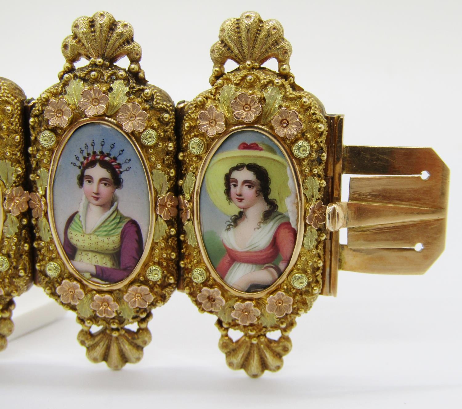 A fine 19th century Swiss gold and enamel portrait bracelet, formed of ten individual waist length - Image 7 of 14