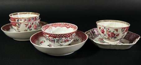 Four 18th century Chinese export Famille rose tea bowls and two saucers together with a small shaped