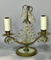 A small pair of Victorian candlesticks with a central glass body hung with glass beads and drops,