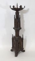 A 19th century cast bronze ecclesiastical / gothic pricket candlestick, of architectural form,
