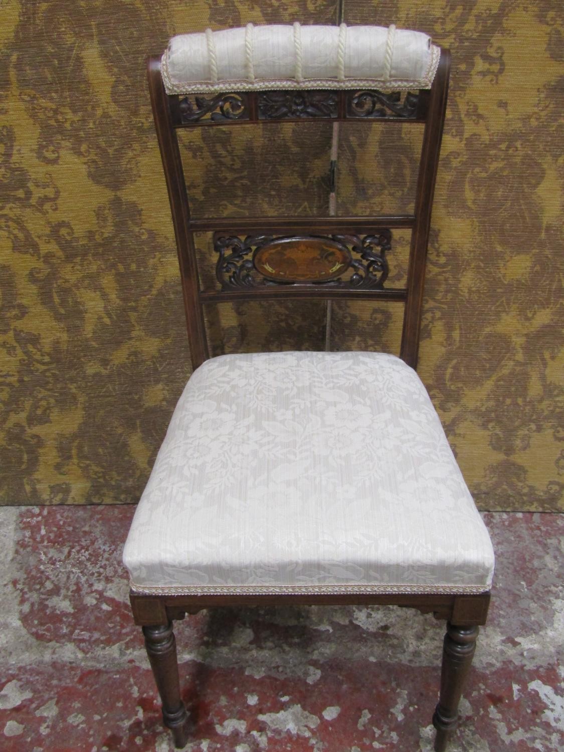 A pair of Edwardian rosewood occasional chairs, with inlaid detail, pierced and carved splats, - Image 6 of 9