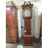 A Georgian oak longcase clock, the hood with swan neck pediment enclosing a broken arch painted