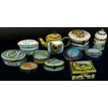 A collection of Halcyon Days enamelled boxes, further examples by Crummles, a few porcelain