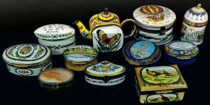 A collection of Halcyon Days enamelled boxes, further examples by Crummles, a few porcelain