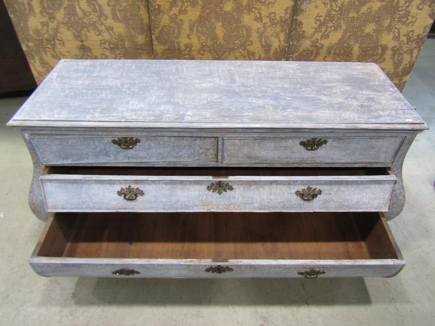 A large old Dutch Dry-scaped bombe commode chest, with two short and two long drawers, 175cm long - Image 3 of 5