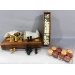 An Antique Nine Dot Domino set in a wooden case, only 53 tiles, a set of wooden draughts counters,