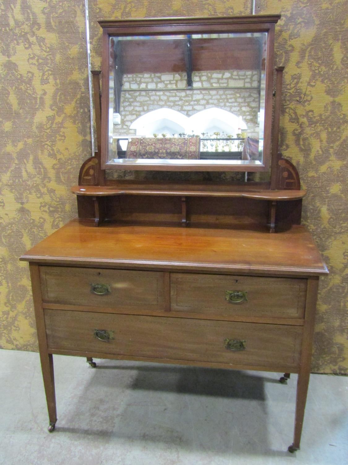 Three piece Art Nouveau bedroom suite comprising wardrobe, dressing chest and washstand, all with - Image 4 of 12