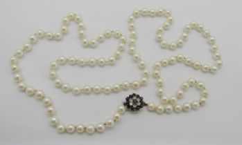 Pearl necklace with white metal sapphire and diamond cluster clasp, 78cm L approx