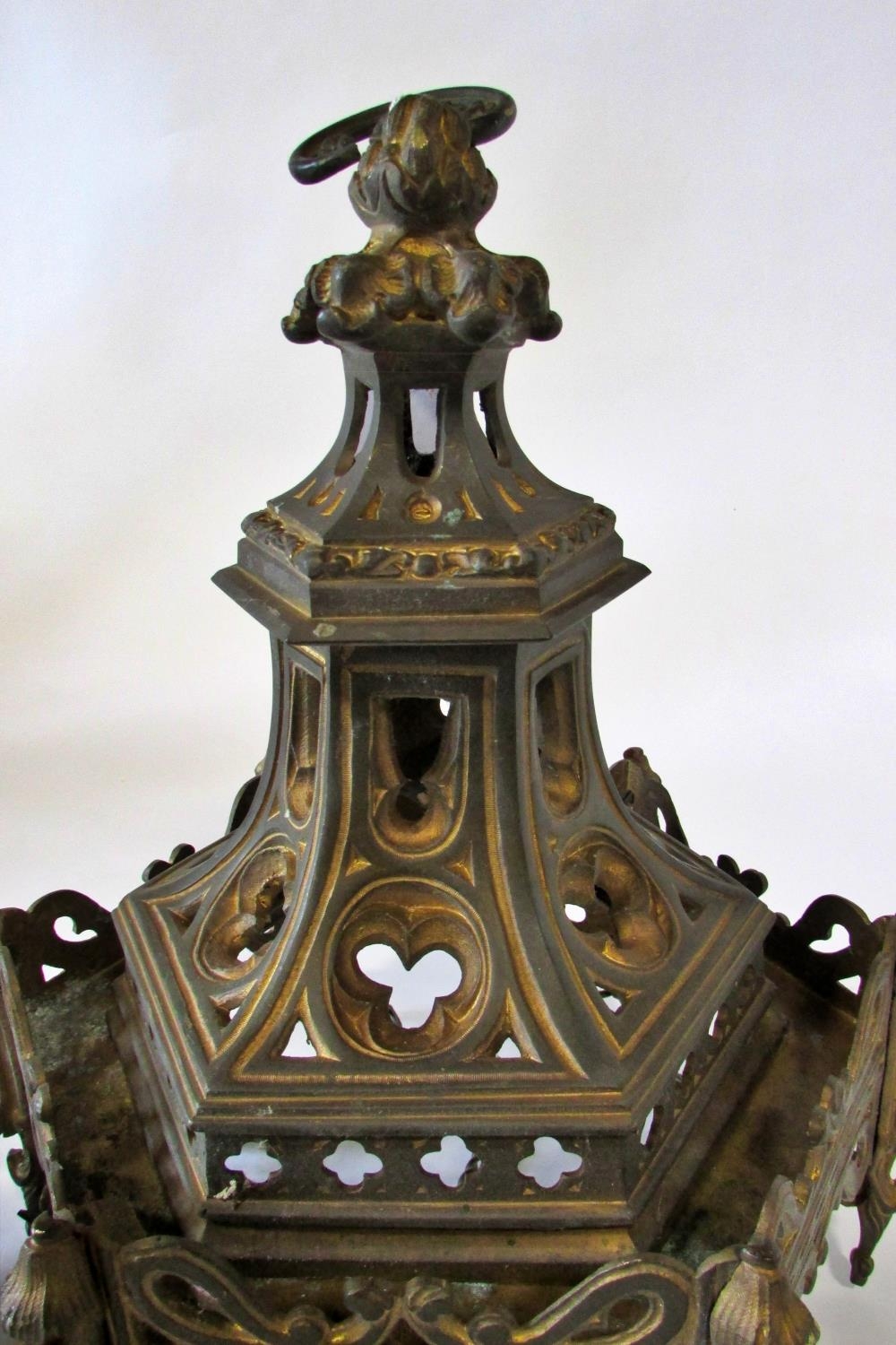 A 19th century heavy cast gilt metal ecclesiastical gothic ceiling light, with pierced and - Image 3 of 4