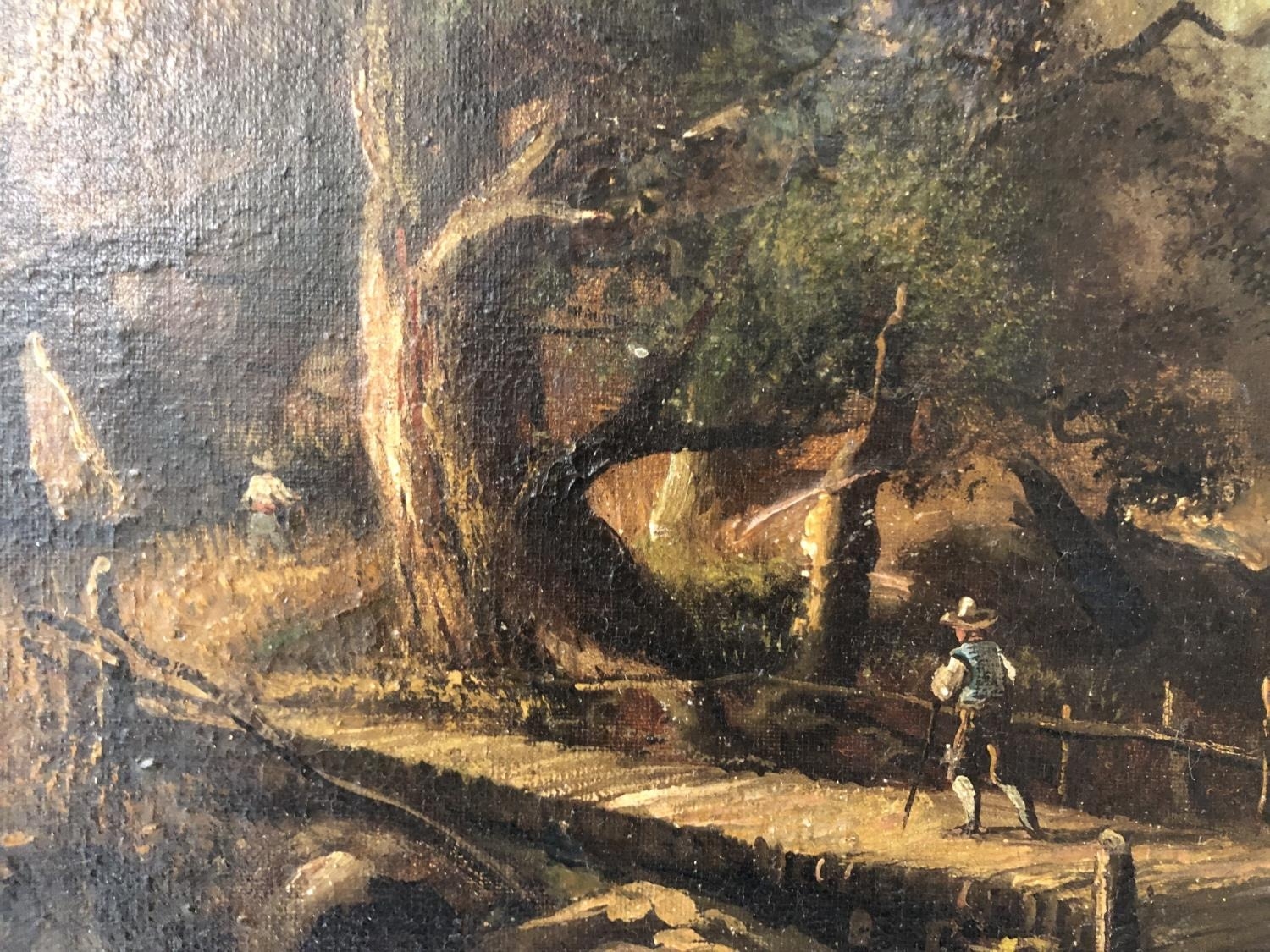 Late 19th French School - Landscape scene with figures crossing a bridge over a stream, oil on - Image 3 of 6