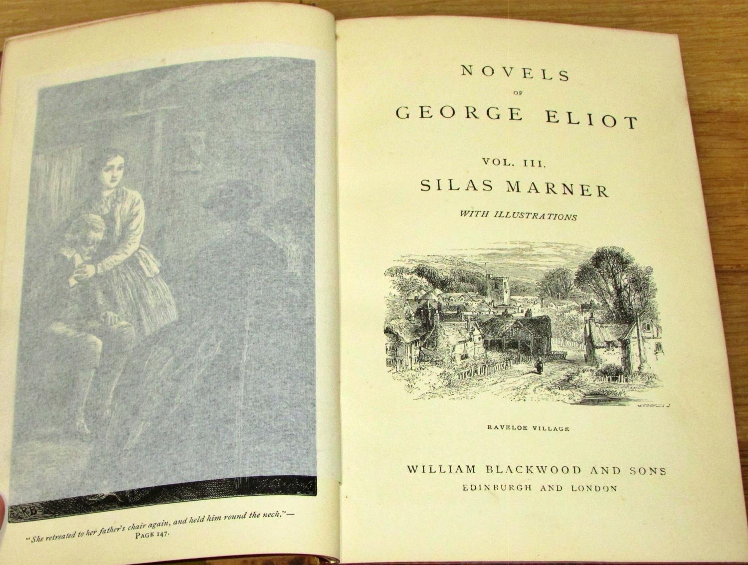 Six leatherbound novels by George Eliot - Silas Marner, Romola, Mill on the Floss, Daniel Deronda, - Image 2 of 3