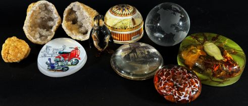 A mixed selection of mainly 20th century glass paperweights together with a rock crystal specimen, a