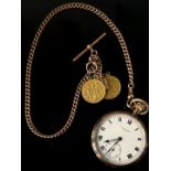 J.W Benson, London: A 9ct yellow gold cased fob watch, the white enamelled dial with black Roman