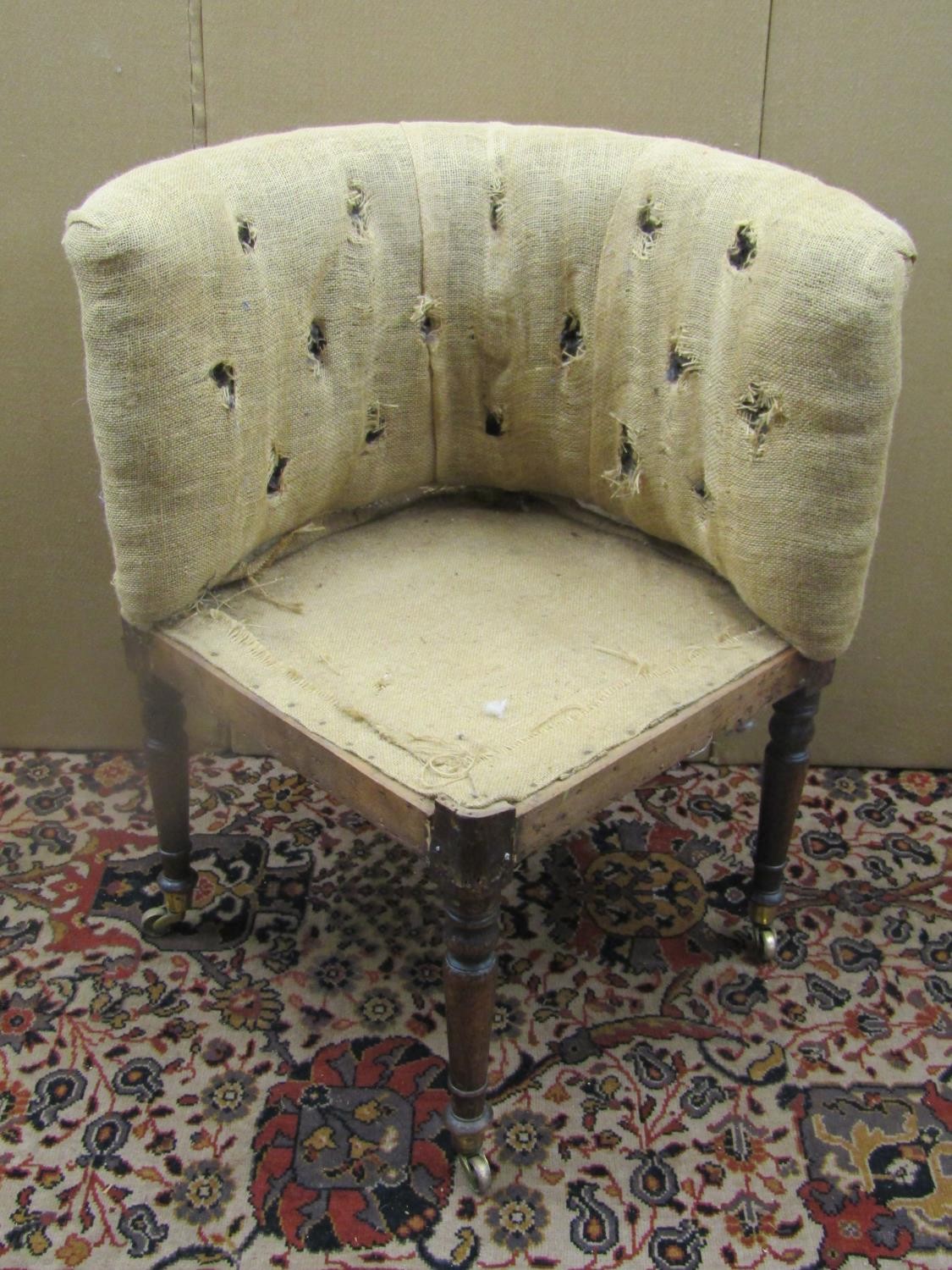 Three 19th century partially upholstered chair frames including a corner example on turned