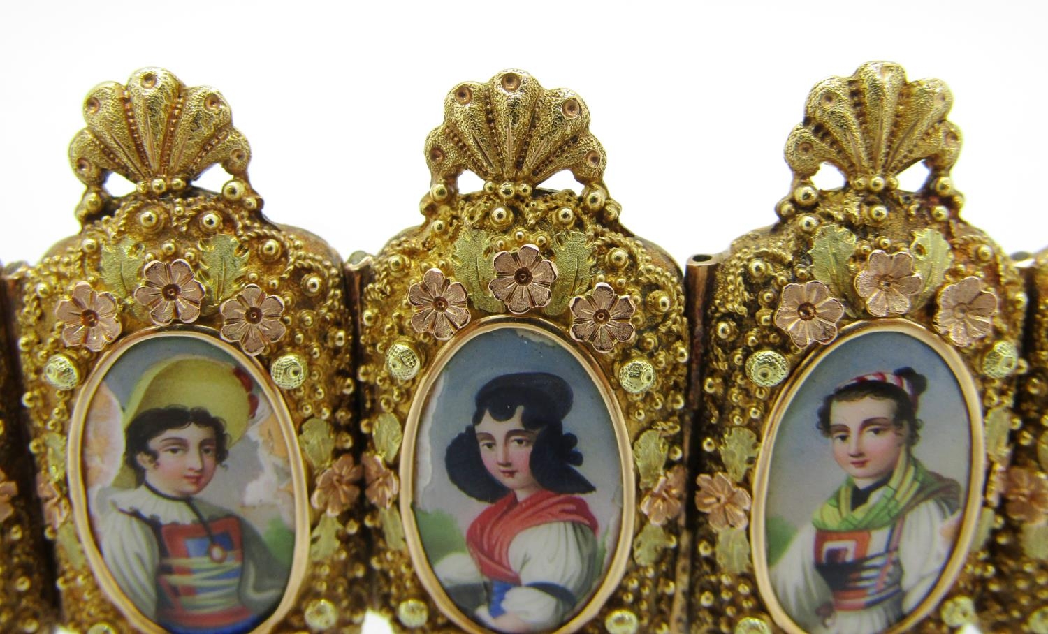 A fine 19th century Swiss gold and enamel portrait bracelet, formed of ten individual waist length - Image 14 of 14