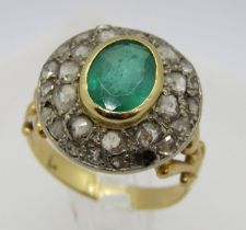Antique style yellow metal bezel set oval emerald and rose-cut diamond cluster ring, emerald 8 x 6mm