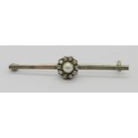 White metal bar brooch set with a pearl and rose-cut diamond cluster, 4.8cm W approx, 2.3g