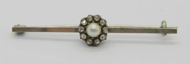 White metal bar brooch set with a pearl and rose-cut diamond cluster, 4.8cm W approx, 2.3g