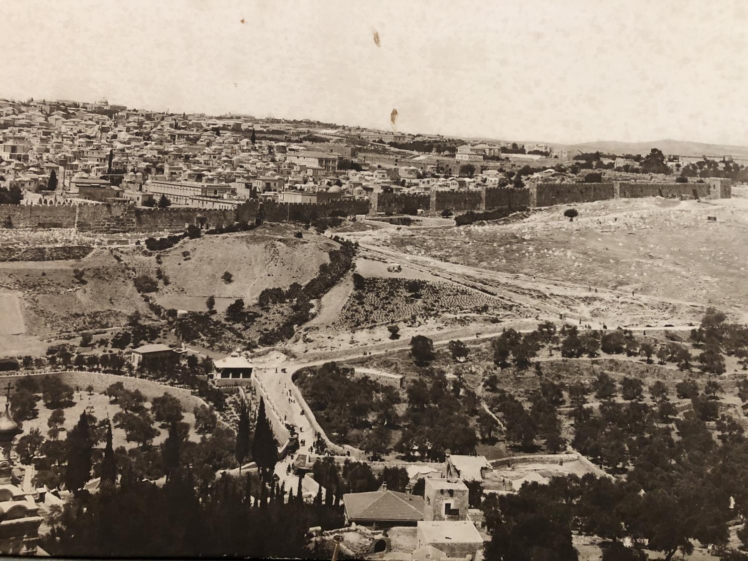 A large vintage black and white panoramic photograph of Jerusalem, inscribed 'American Colony - Image 5 of 6