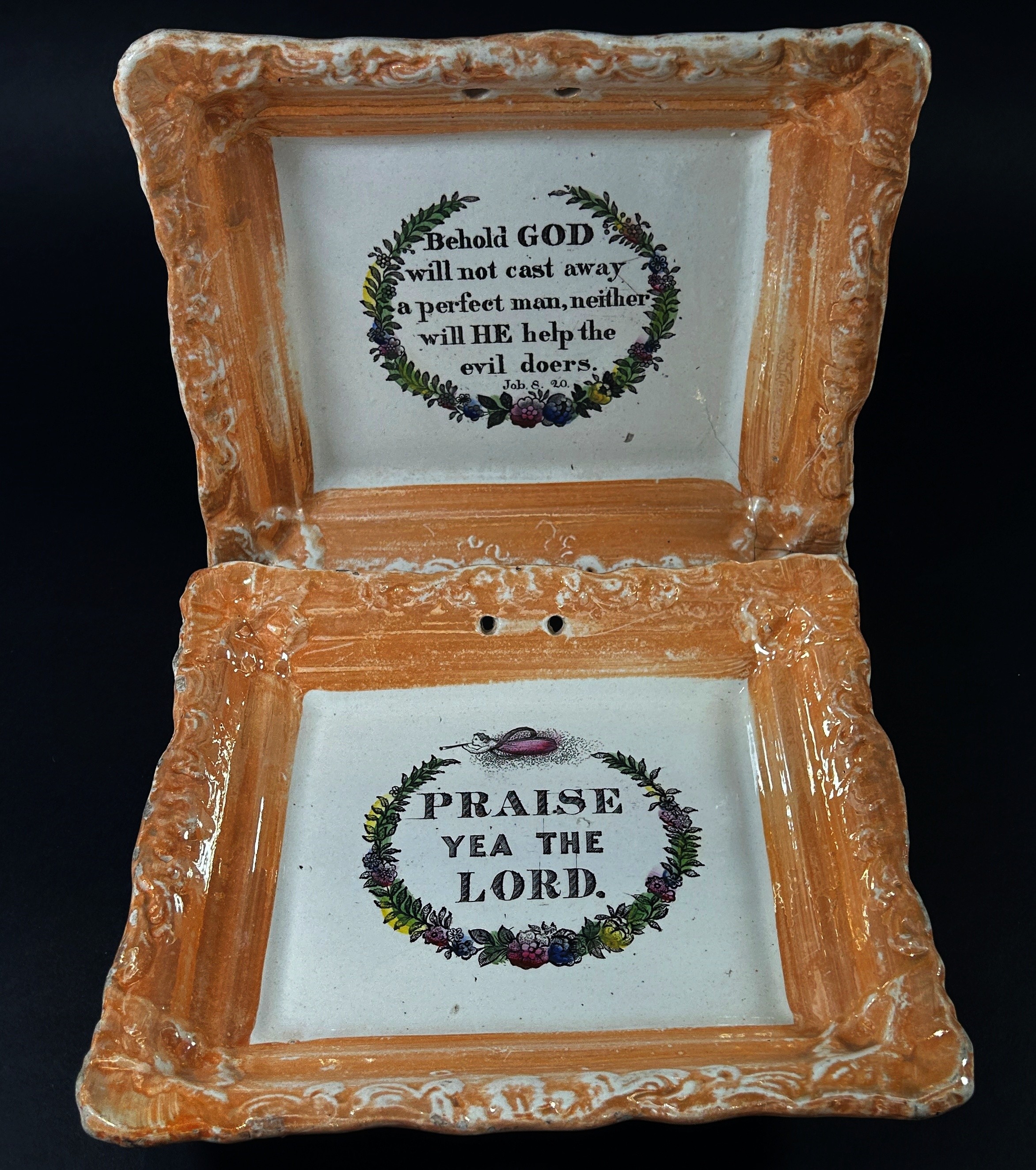 A pair of Victorian cottage ceramic Sunderland lustre wall plates with religious texts - Image 2 of 3