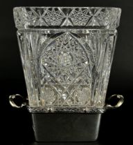 An early 20th century square cut glass celery server in a two handled silver sleeve, Birmingham