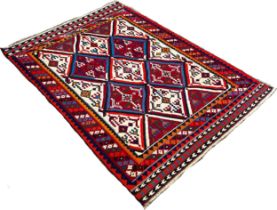South West Persian Qashgai Kilim, with bright multicoloured diamond pattern and geometric borders,