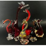 A collection of twelve Murano glass animals including a blue nosed reindeer, fish, ducks, a cockerel